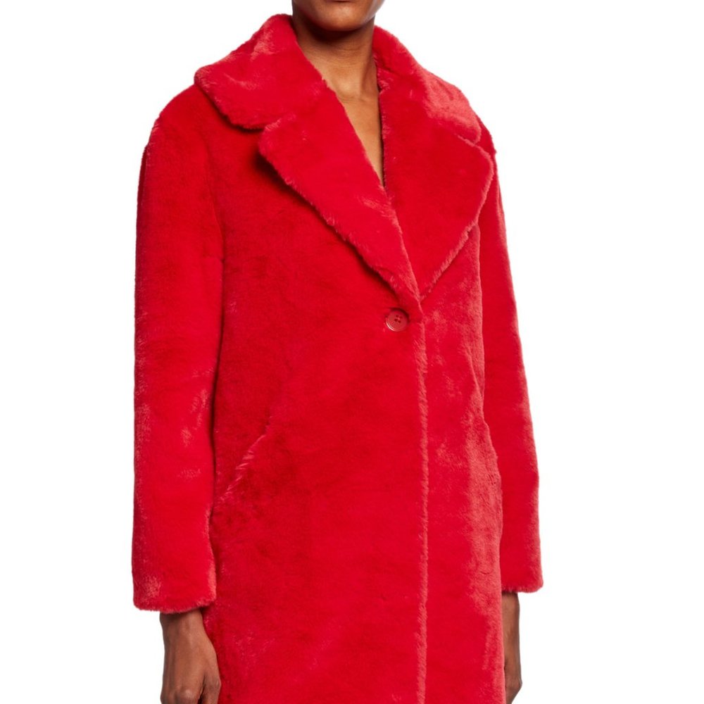 RED PLUSH FAUX FUR COAT by ADRIENNE LANDAU